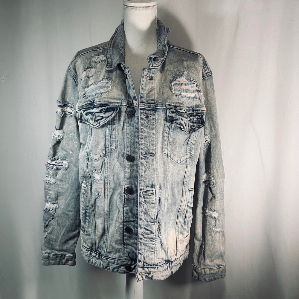 Grindhouse Denim Mens‎ Large Light Wash Distressed Ripped Jean Trucker Jacket